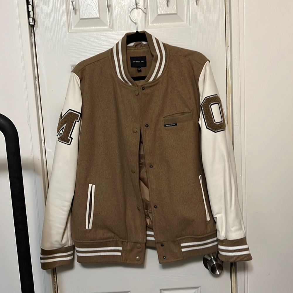 Brown and white Members Only lettermen bomber jacket, size large